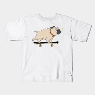 Fluffy Pug Skateboarding Kids T-Shirt